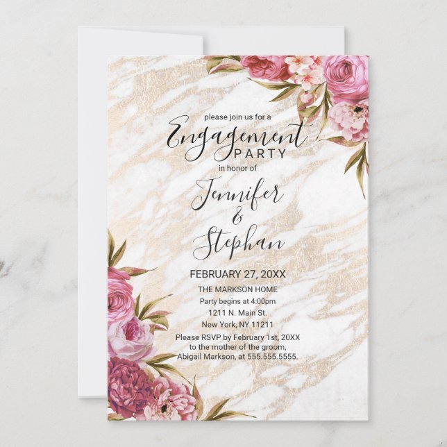 Chic Pink Floral Gold Marmor Verlobung Einladung (Vorderseite)