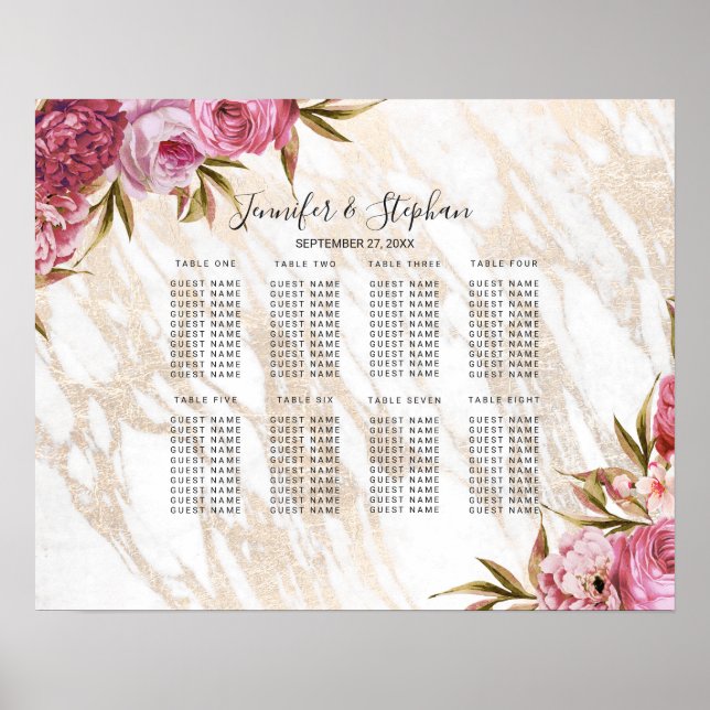 Chic Pink Floral Gold Marmorkarte Poster (Vorne)