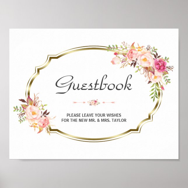 Chic Pink Floral Gold Wedding Gästebuchunterschrif Poster (Vorne)