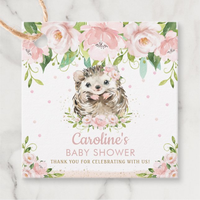 Chic Pink Floral Igel Kinderdusche Danke Geschenkanhänger (Vorderseite)