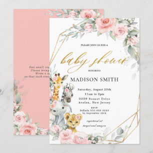 Chic Pink Floral Jungle Animals Baby Shower Girl Einladung