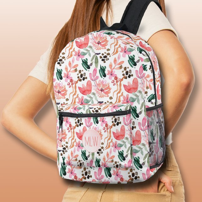 Chic Pink Floral Mit Monogramm Bedruckter Rucksack (Chic Pink Floral Monogrammed Printed Backpack)