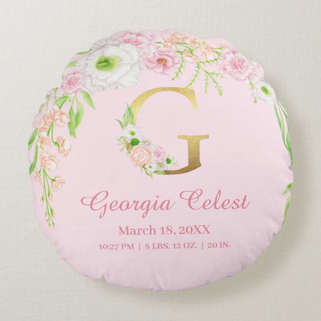 Chic Pink Floral Monogram Baby Stats Rundes Kissen (Vorderseite)
