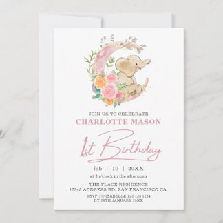 Chic Pink Floral Moon Girl Elefant 1. Geburtstag Einladung