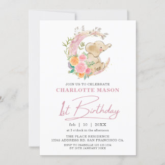 Chic Pink Floral Moon Girl Elefant 1. Geburtstag Einladung