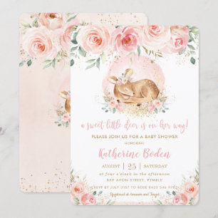 Chic Pink Floral Niedlich Baby Deer Girl Baby Dusc Einladung