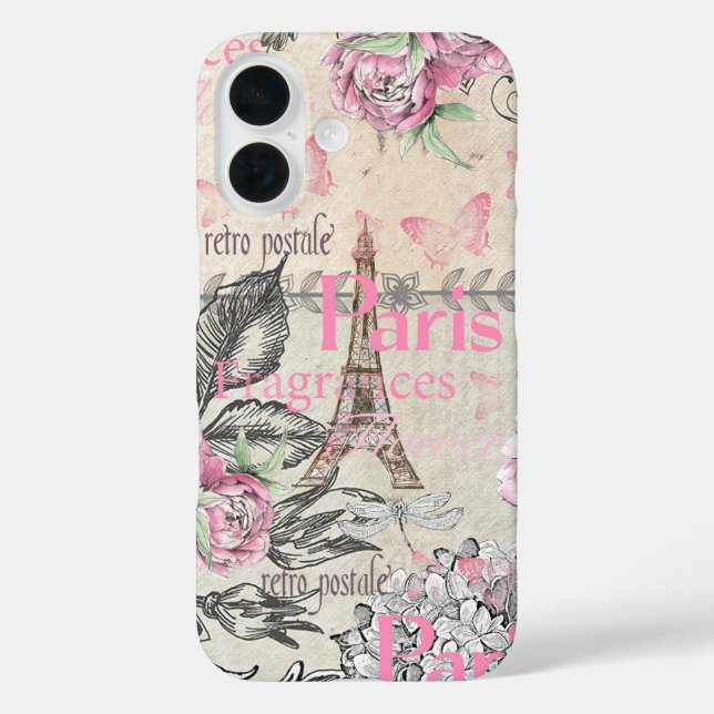Chic pink floral Paris Eiffel Tower Typografie iPhone 16 Hülle (Rückseite)