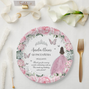 Chic Pink Floral Princess Silver Quinceañera XV Pappteller