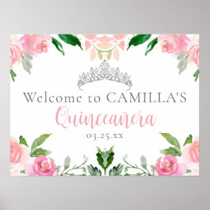 Chic Pink Floral Quinceañera Party Willkommen Poster