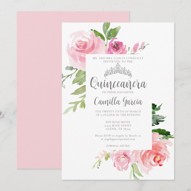 Chic Pink Floral Quinceañera Silver Tiara Party Einladung (Vorne/Hinten)