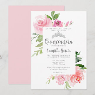 Chic Pink Floral Quinceañera Silver Tiara Party Einladung