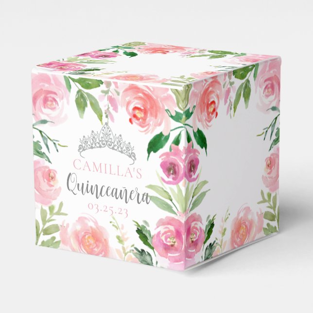 Chic Pink Floral Quinceañera Silver Tiara Party Geschenkschachtel (Vorderseite)