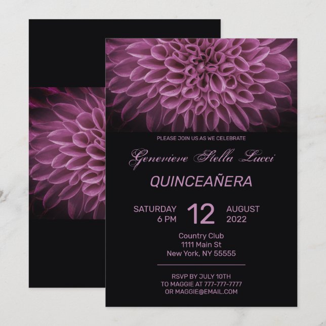 Chic Pink Floral Quinceñera Party Einladung (Vorne/Hinten)