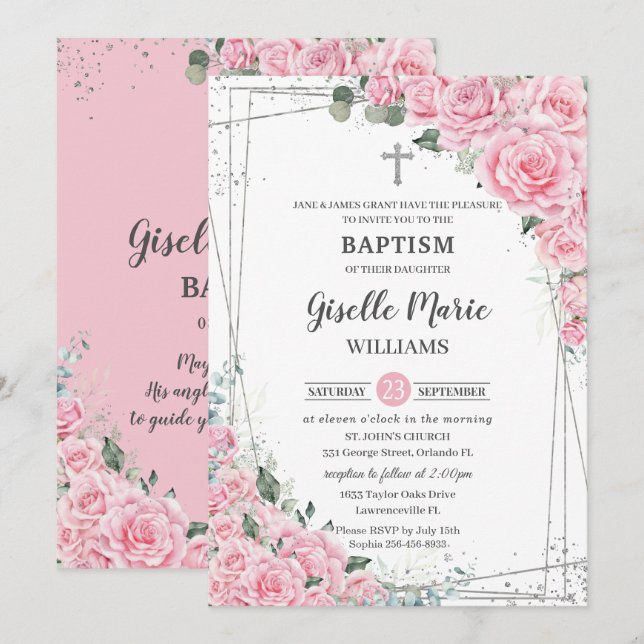 Chic Pink Floral Rose Silver Taufe Christening Einladung (Vorne/Hinten)
