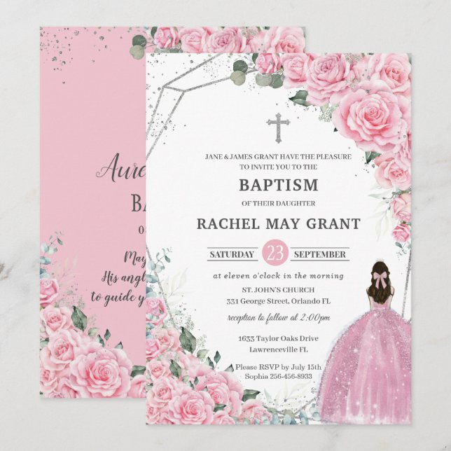 Chic Pink Floral Silver Girl Taufe Christening Einladung (Vorne/Hinten)
