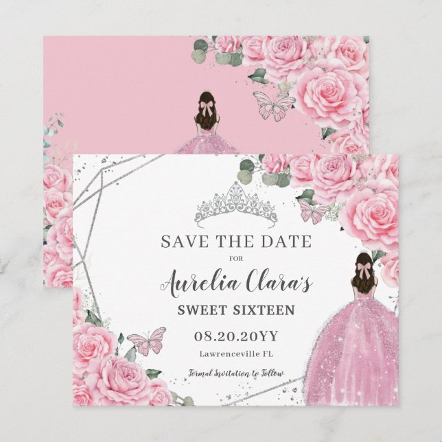 Chic Pink Floral Silver Quinceanera 16 . Geburtsta Save The Date (Vorne/Hinten)