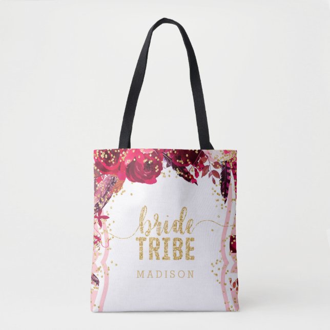 Chic Pink Floral Stripes Gold Confetti Braut Stamm Tasche (Vorderseite)