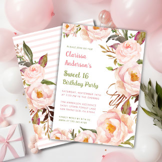 Chic Pink Floral Sweet 16 Geburtstag Einladung