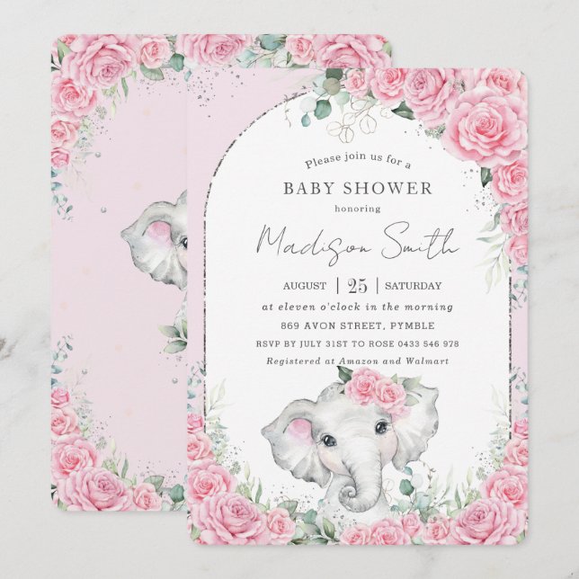 Chic Pink Floral Sweet Elephant Baby Dusche Einladung (Vorne/Hinten)