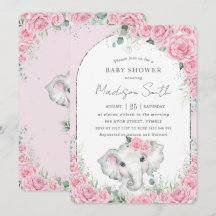 Chic Pink Floral Sweet Elephant Baby Dusche