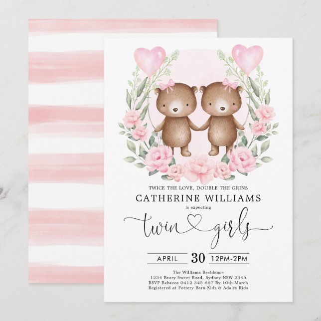 Chic Pink Floral Teddy Bear Twin Girls Babydusche Einladung (Vorne/Hinten)