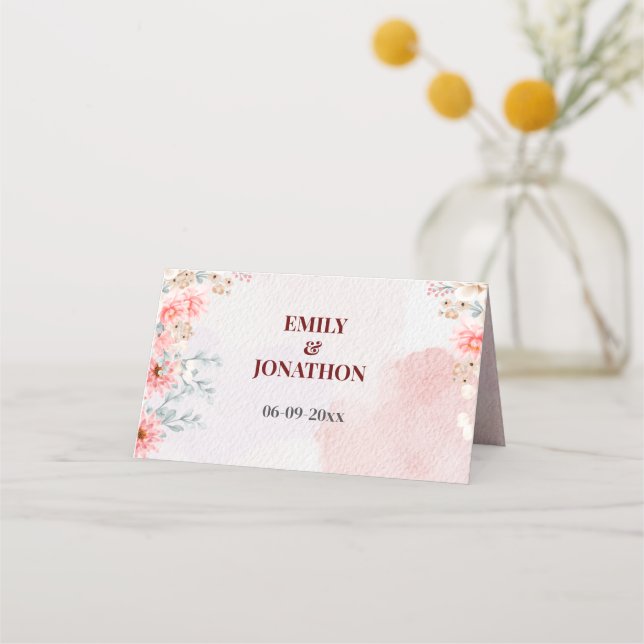 Chic Pink Floral Wedding Platzkarte (Vorderseite)