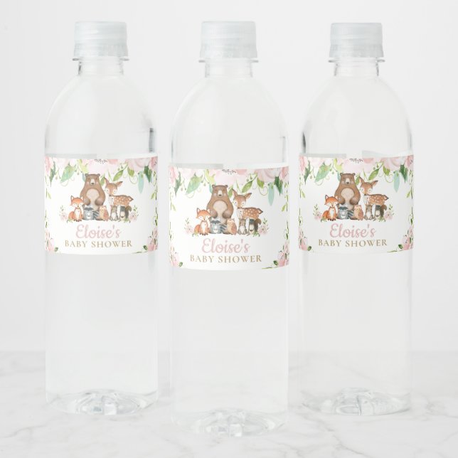 Chic Pink Floral Woodland Animals Baby Dusche (Flaschen)