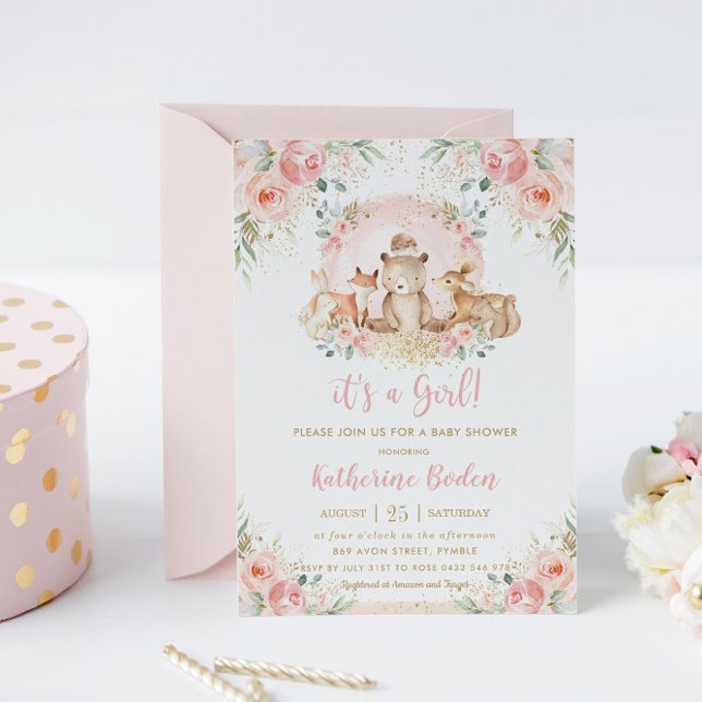 Chic Pink Floral Woodland Animals Girl Baby Dusche Einladung (Von Creator hochgeladen)
