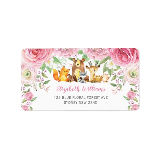 Chic Pink Floral Woodland Tiere Rücksendeadresse Adressaufkleber (Vorne)
