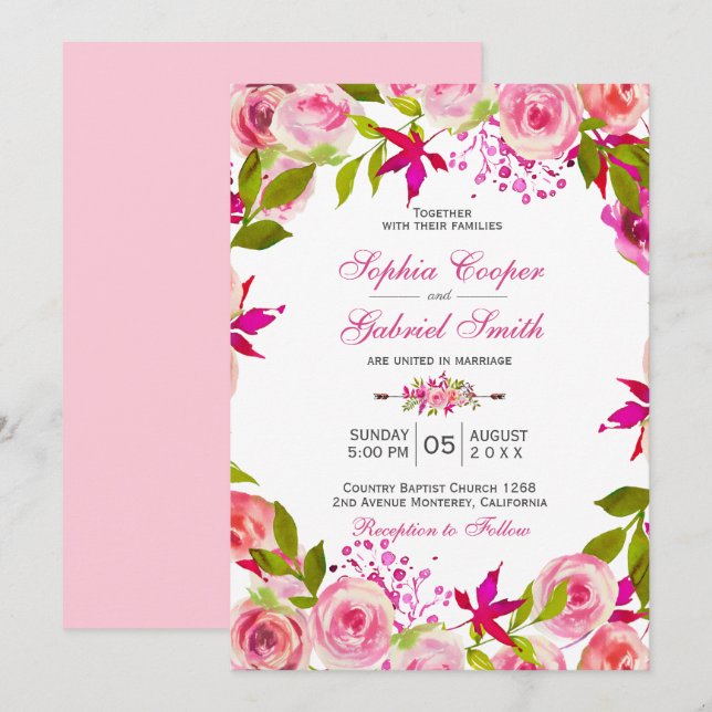 Chic Pink Fuchsia Rose Botanische Blumenhochzeit Einladung (Vorne/Hinten)