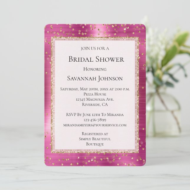 Chic Pink Glam Gold Sparkle Confetti Brautparty Einladung (Stehend Vorderseite)
