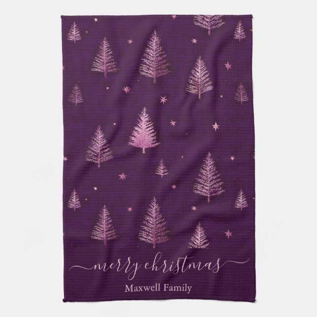 Chic pink glitter merry christmas trees name geschirrtuch (Vertikal)