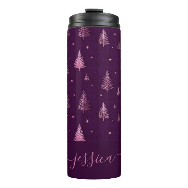 Chic pink glitter purple christmas trees name thermosbecher (Vorderseite)