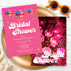 Chic Pink Glitter Retro Disco Ball Brautparty Einladung