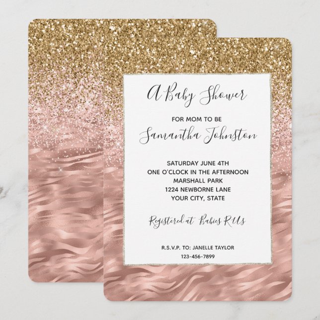 Chic Pink Glitz Zebra Print Baby Dusche Einladung (Vorne/Hinten)