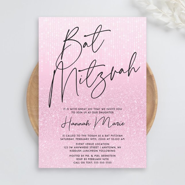 Chic Pink Glitzer Bat Mitzvah Einladung (Von Creator hochgeladen)
