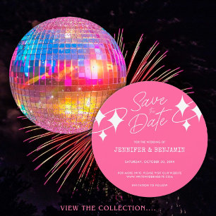 Chic Pink Glitzer Disco Ball Wedding Save the Date Einladung