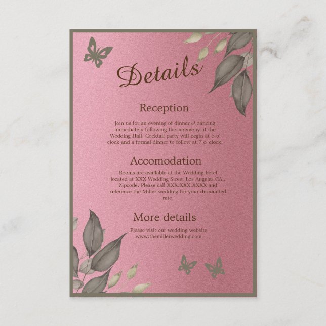 Chic Pink Glitzer Foliage Hochzeit Begleitkarte (Vorderseite)