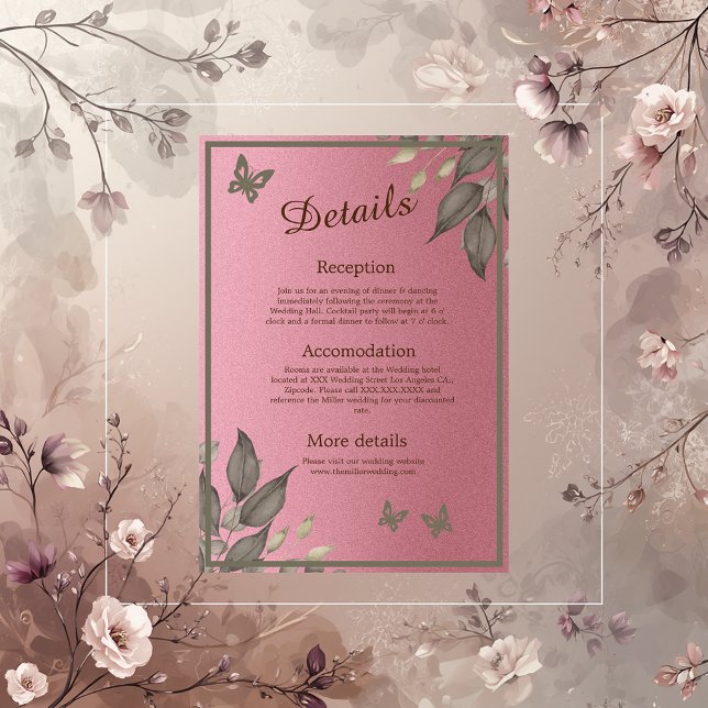 Chic Pink Glitzer Foliage Hochzeit Begleitkarte (Von Creator hochgeladen)