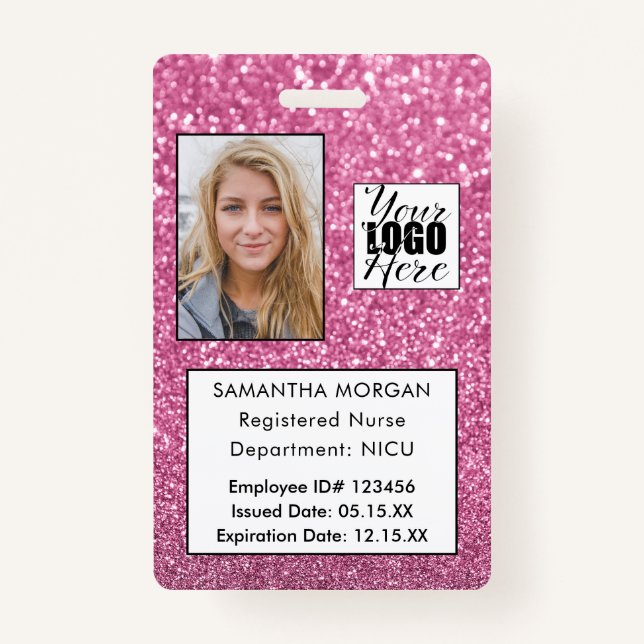 Chic Pink Glitzer Foto Logo Mitarbeiter-ID Ausweis (Vorderseite)