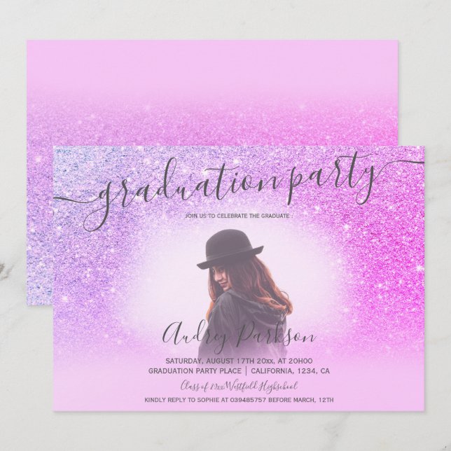 Chic pink Glitzer Glitzern schicke Foto Abschluss Einladung (Vorne/Hinten)