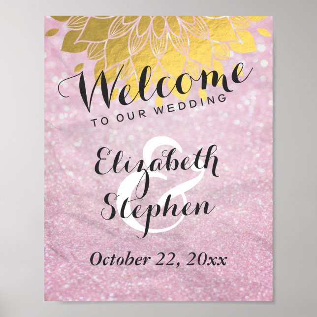 Chic Pink Glitzer Gold Floral Wedding Sign Poster (Vorne)