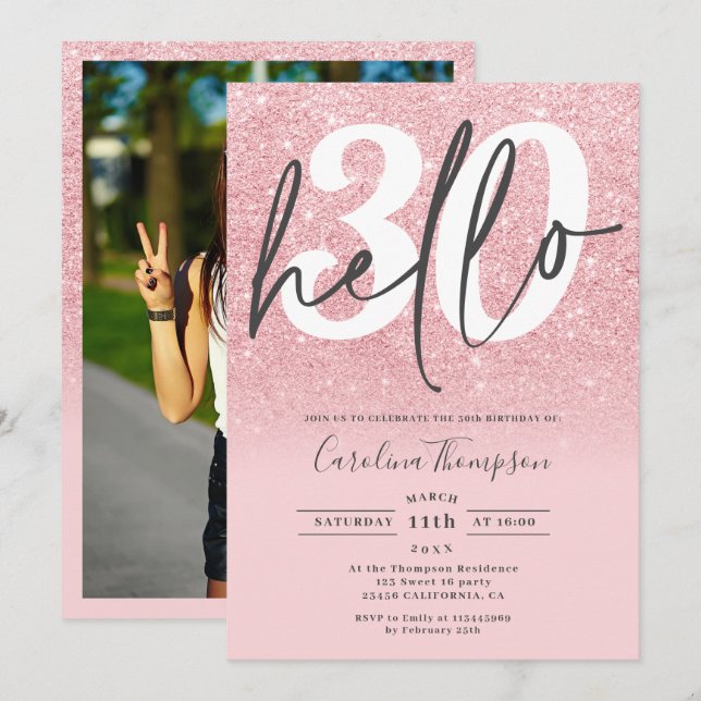 Chic pink Glitzer ombre Farbverlauf Foto hello 30 Einladung (Vorne/Hinten)