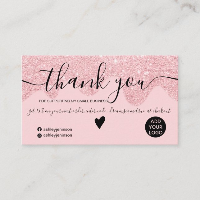 Chic pink Glitzer Tropfen erröten Ordnung danke Visitenkarte (Vorderseite)