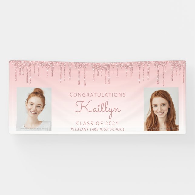 Chic Pink Glitzer Tropfen Zwei Foto Abschluss Banner (Horizontal)