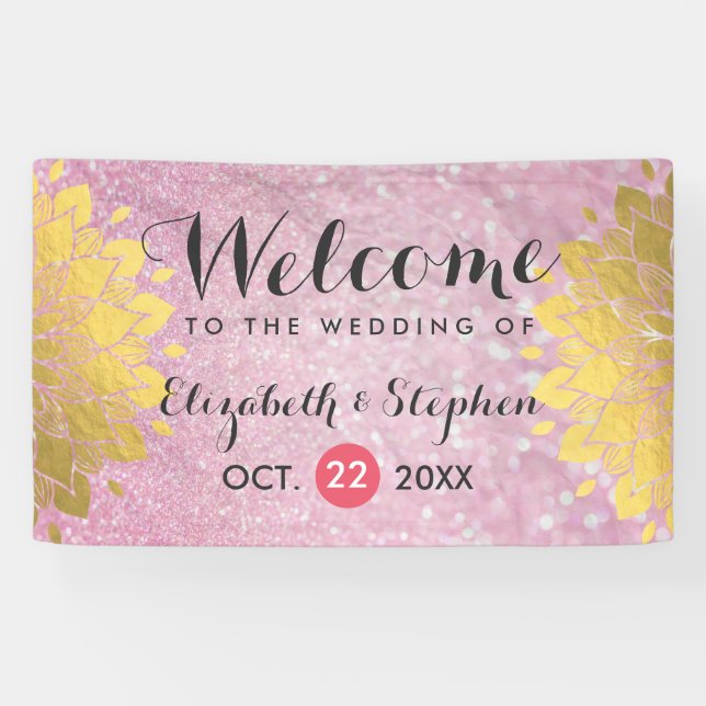 Chic Pink Glitzer und Gold Floral Wedding Banner (Horizontal)