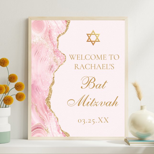 Chic Pink Gold Agate Bat Mitzvah Custom Party Poster (Von Creator hochgeladen)