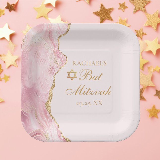 Chic Pink Gold Agate Bat Mitzvah Party Custom Pappteller (Von Creator hochgeladen)