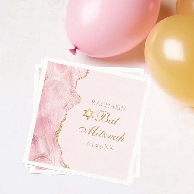 Chic Pink Gold Agate Bat Mitzvah Party Custom Serviette (Von Creator hochgeladen)