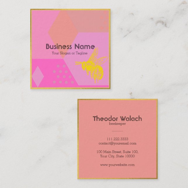Chic Pink Gold Bee Beruflich Quadratische Visitenkarte (Vorne/Hinten)